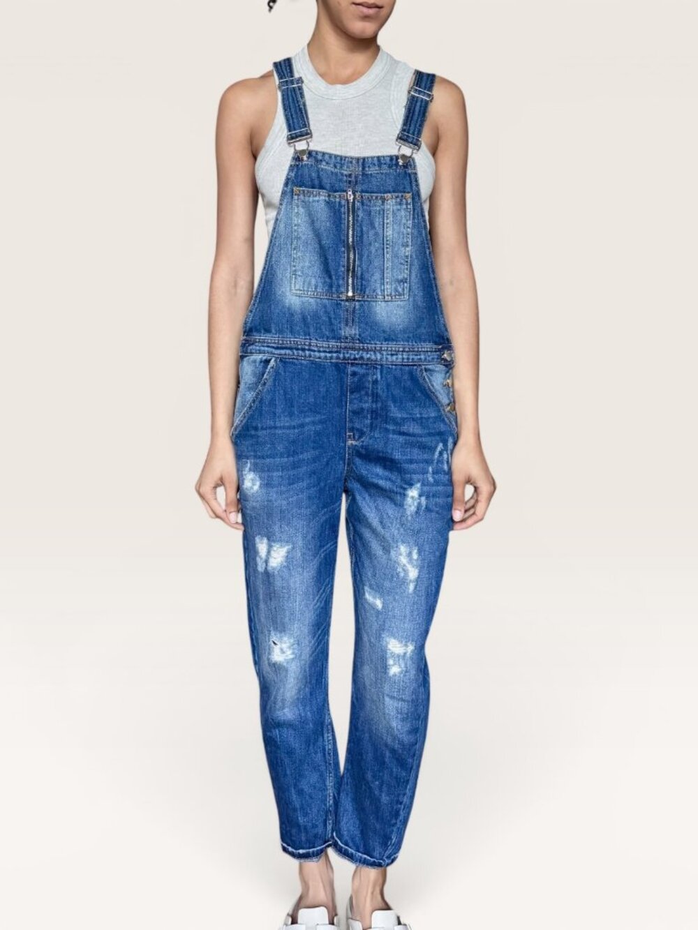 Zara Trafaluc Distressed Denim Overalls Medium Wash Cabincore Summer BBQ Small